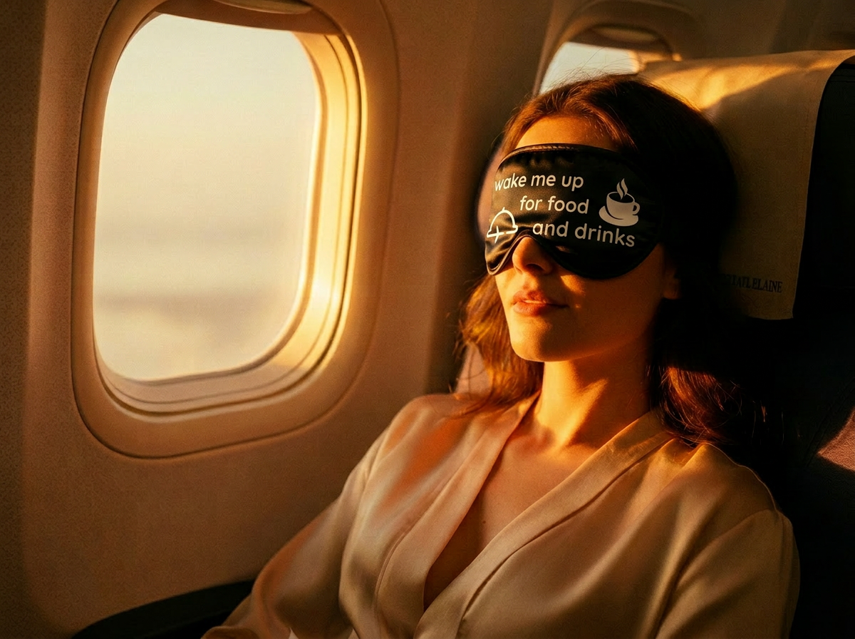 Traveler wearing the VITYA silk sleep mask on a sunset flight